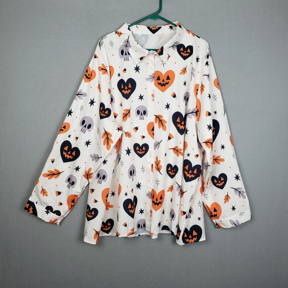 Halloween Long Sleeve Button Up‎ Orange Black Pumpkin Skeleton Fall Size 5XL